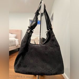 Ferragamo black fabric logo shoulder bag with leather strap